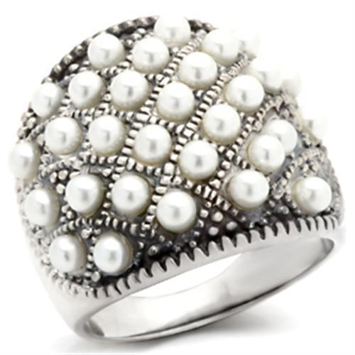 JCE0108 Antique Tone 925 Sterling Silver Ring with Synthetic Pearl in White