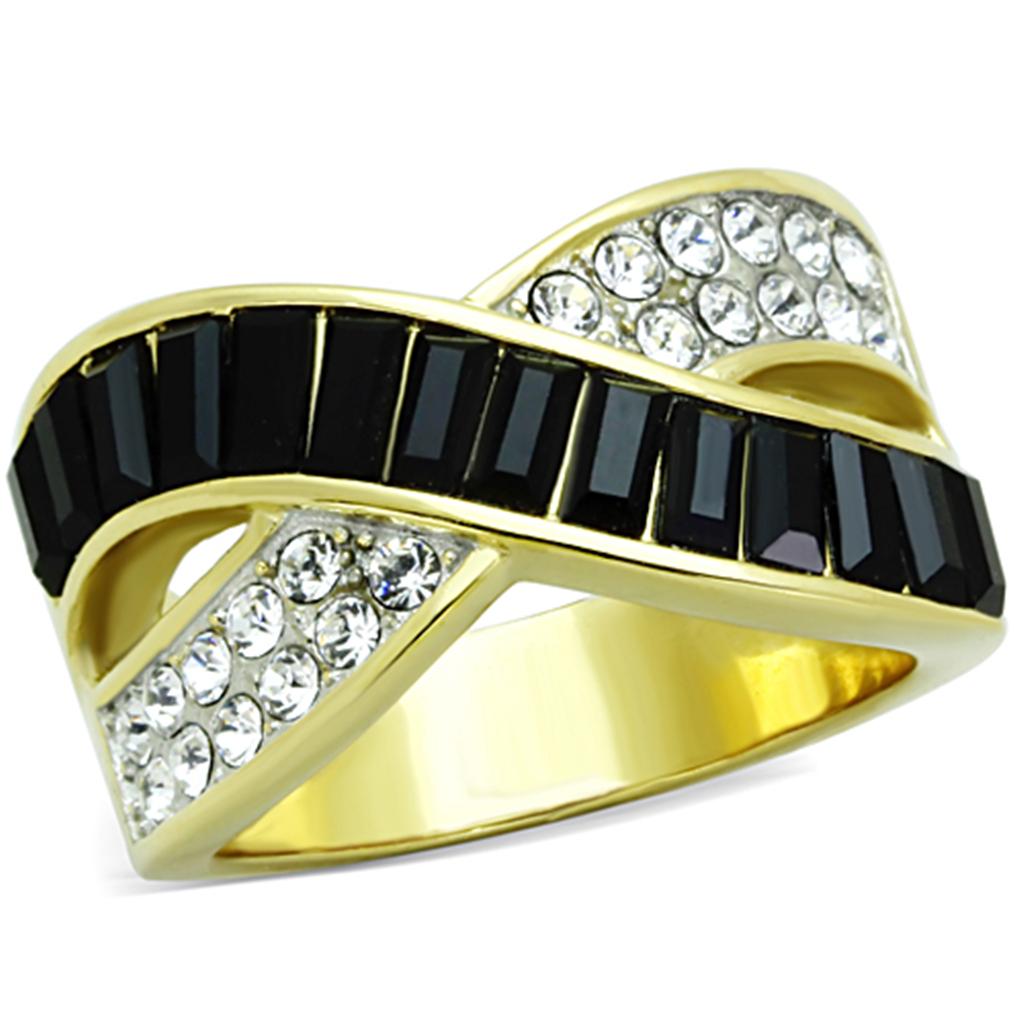 JCE1577 Two-Tone IP Gold (Ion Plating) Stainless Steel Ring with Top Grade Crystal  in Jet